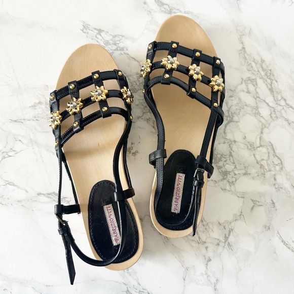 Fabrizio Viti Daisy Cage Black Leather Wooden Clog Sandals EU 38 US 8